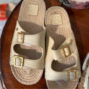 Tory Burch Cream Leather Double-Buckle Slide Sandals with Gold Buckles
